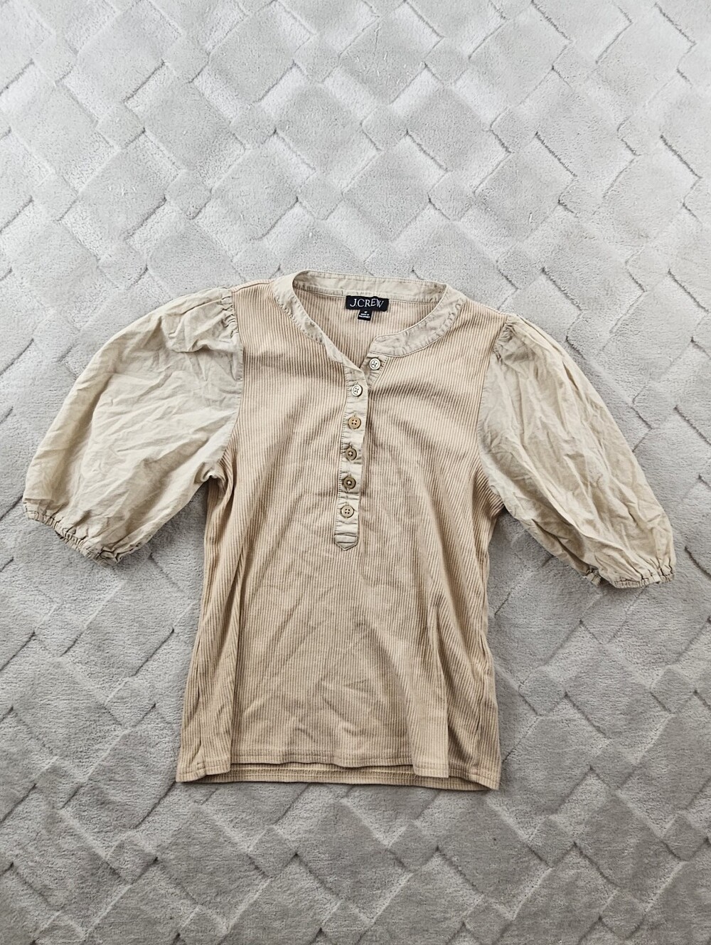 J.Crew Rib Puff Sleeve Henley Top Womens Medium Tan Shirt Blouse